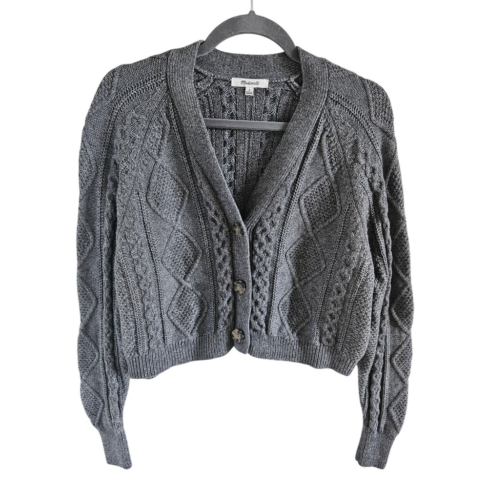 Madewell Grey Metallic Cable Knit Cropped Cardigan Sweater Wool Blend Small